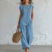 Women's Bohemian Two-Piece Set Round Neck Button Down Short Sleeve Top And Wide Leg Pants Beach Vacation_ecoleips.com