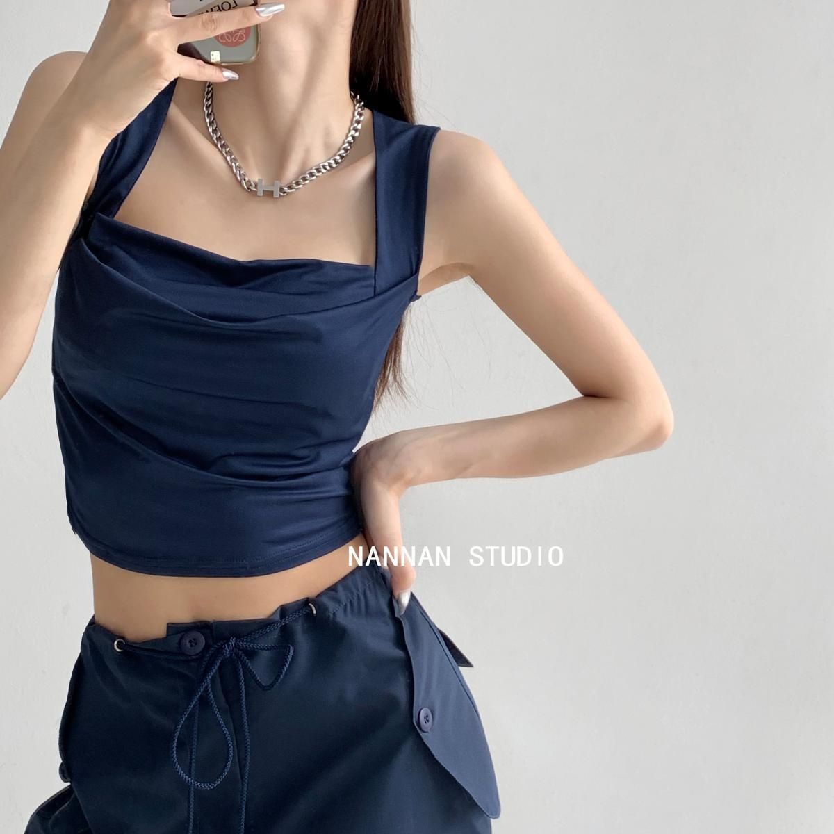 European And American Style Sexy Low-cut Square-neck Slim-fit Tank Top For Women, Summer Solid Color Ruched Strapless_ecoleips.com