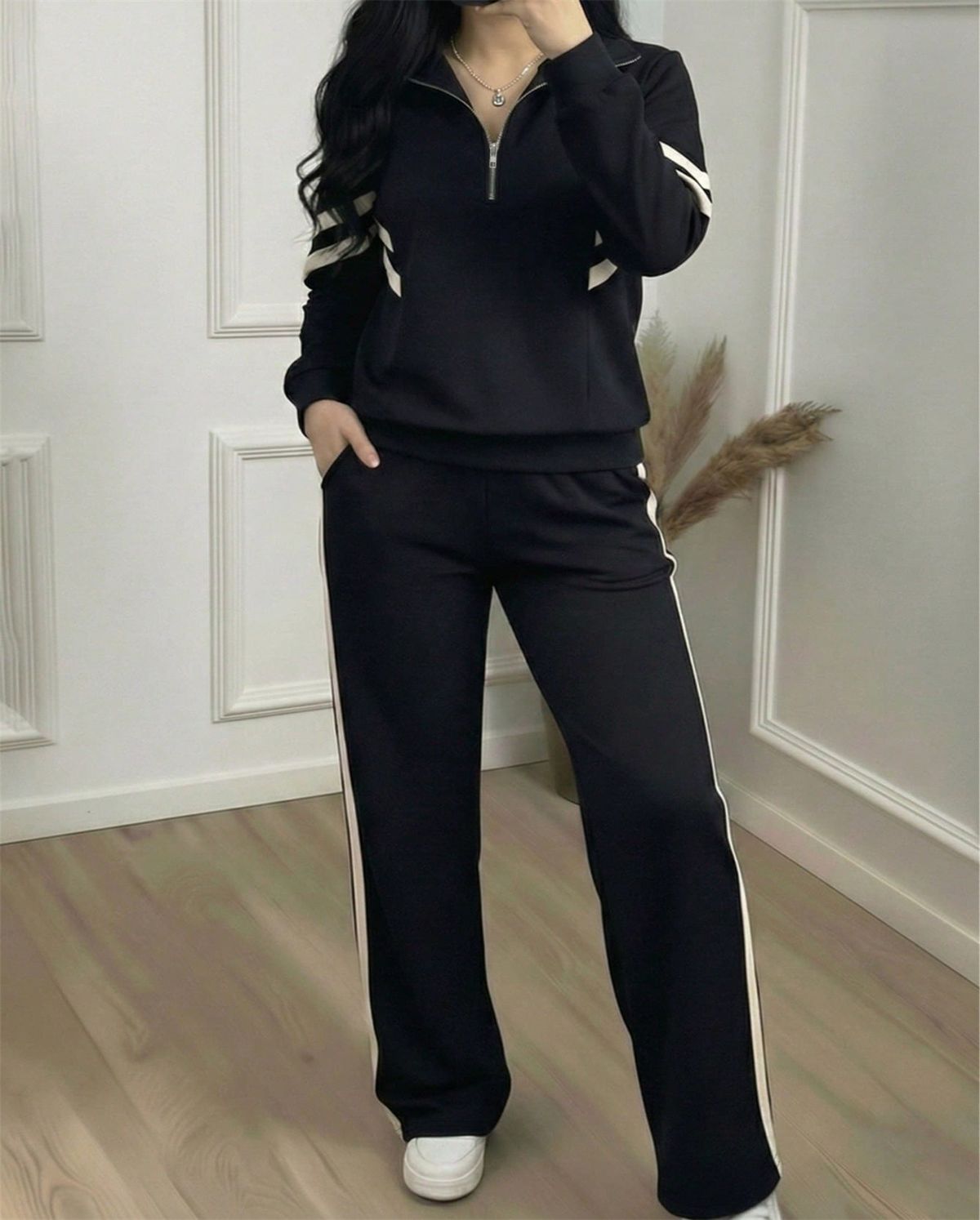 Women's Color Block Striped Top With Collar And Zipper Paired With Wide Leg Pants Spring Autumn Fashion Set_ecoleips.com