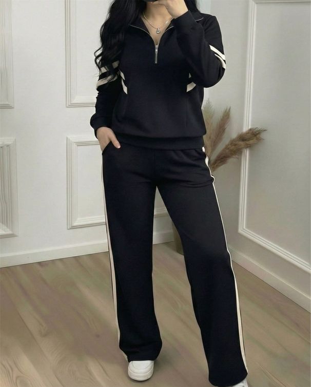 Women's Color Block Striped Top With Collar And Zipper Paired With Wide Leg Pants Spring Autumn Fashion Set_ecoleips.com