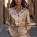 Women's Clothing Satin-Effect Draped Blouse – Elegant Floral Print Shirt For Women (Gold, S-XXL)_ecoleips.com