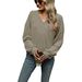 2025 Autumn/Winter New Solid Color V-neck Loose Casual Long Sleeve T-shirt Top Women's Wear_ecoleips.com