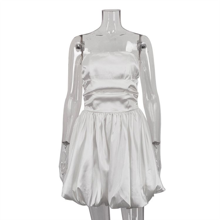 Women's Clothing Sweet Style Tube Top White Satin Dress Pleated Design Niche Short Skirt_ecoleips.com