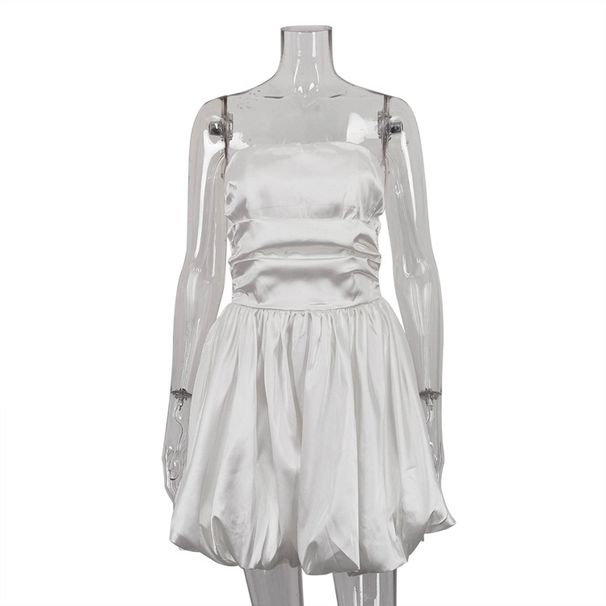 European And American Sweet Style Strapless White Satin Dress, 2026 New French Pleated Design Niche Short Dress_ecoleips.com