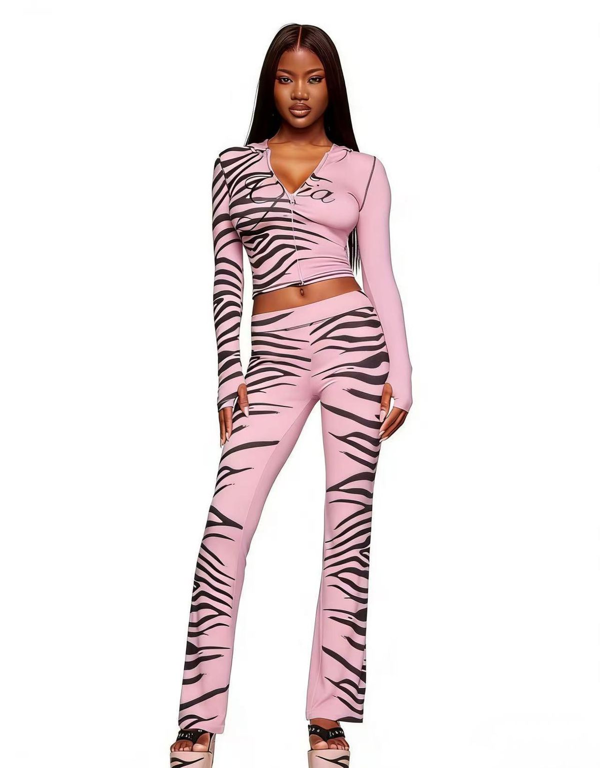 Women's Animal Print Color Block Stretch Sportswear Set With Hooded Jacket And Trousers American Style_ecoleips.com