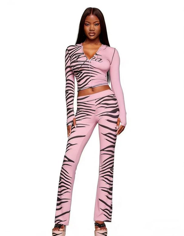 Women's Animal Print Color Block Stretch Sportswear Set With Hooded Jacket And Trousers American Style_ecoleips.com