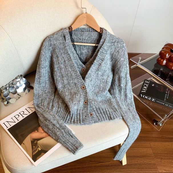 French Lace Trimmed Halterneck Fake Two-Piece Cardigan Layered With Plush Soft Waxy Gray Sweater Top_ecoleips.com