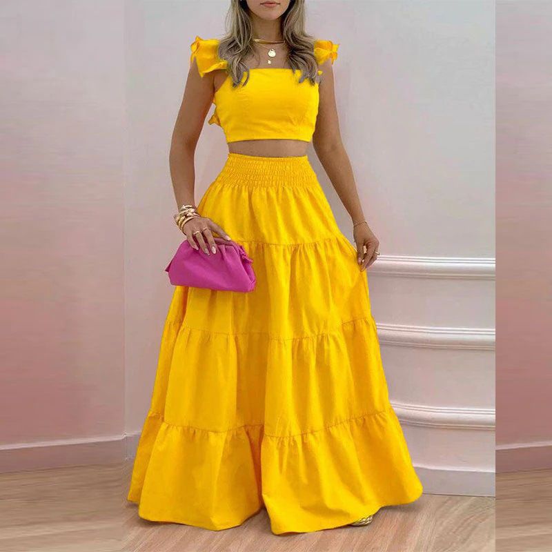 Women's Solid Color Mid-Waist Two Piece Set Sexy Strap Trendy Dress Spring/Summer Casual Ankle-Length Straight Skirt_ecoleips.com