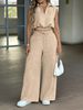 Women's Casual Versatile Collared Sleeveless Top And Drawstring Elastic Waist Trousers Set European American Style Spring Summer New_ecoleips.com