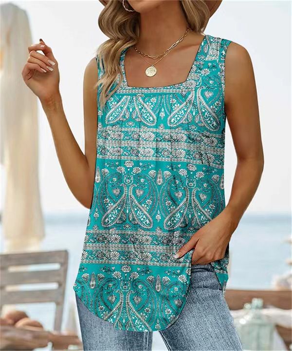 Women's Sleeveless Square Neck Printed Vest T-Shirt American Style Summer Top_ecoleips.com