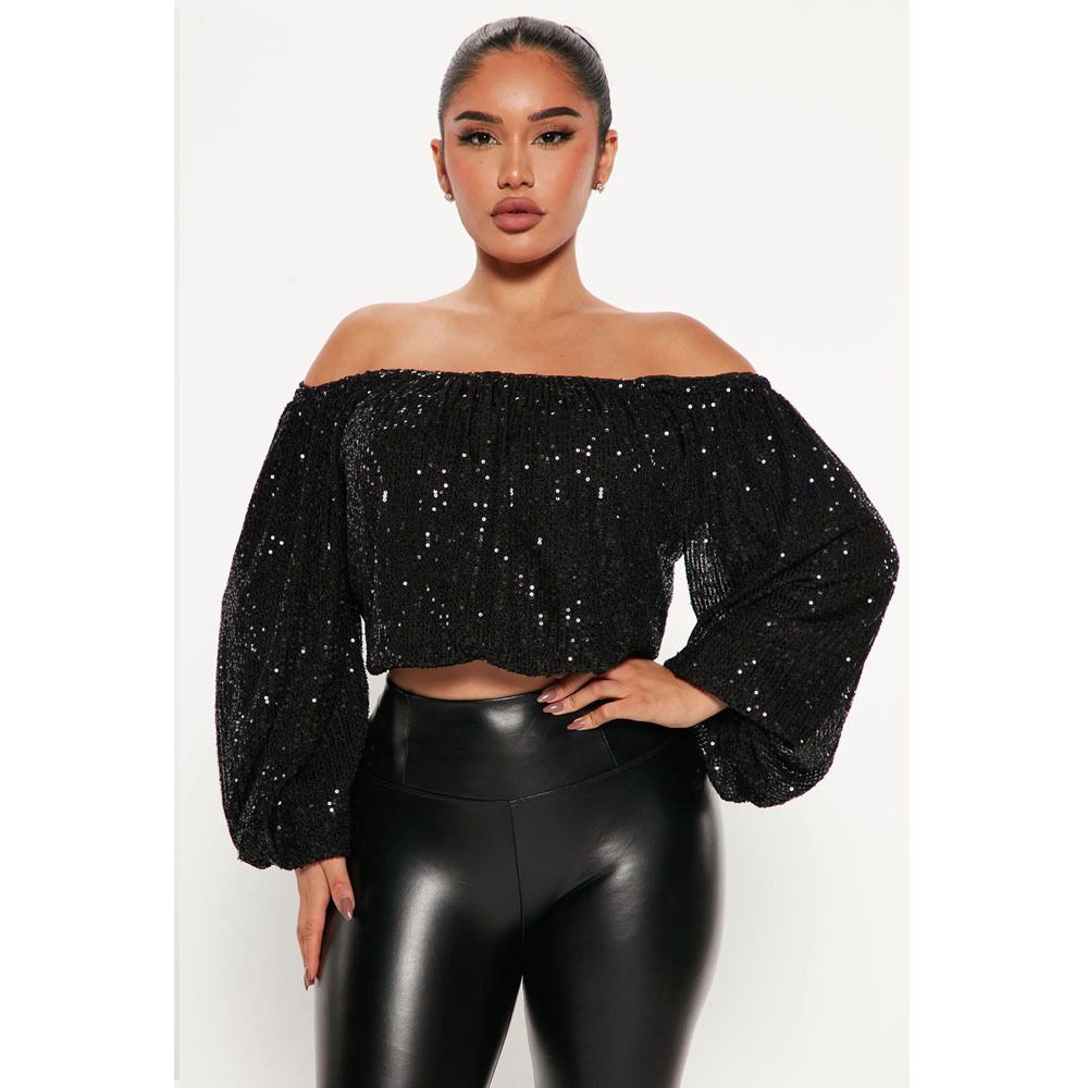 Sequin Off-Shoulder Top – Glamorous Lantern Sleeve Blouse With Stretch Polyester & Embroidered Detailing (S-XXL, Black/Beige)_ecoleips.com