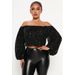 Sequin Off-Shoulder Top – Glamorous Lantern Sleeve Blouse With Stretch Polyester & Embroidered Detailing (S-XXL, Black/Beige)_ecoleips.com