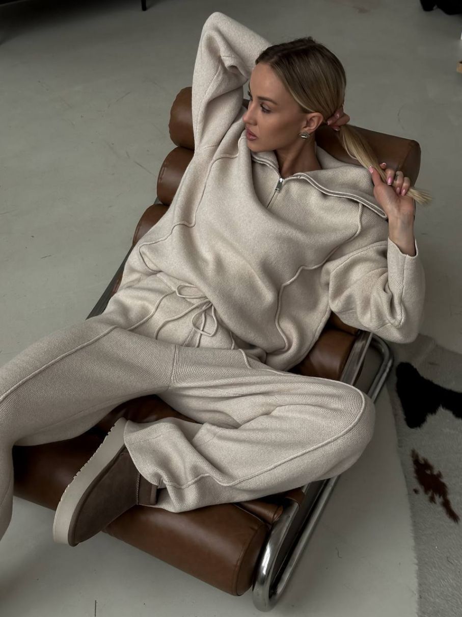 Women's Clothing Half Zip Pullover Sweater High Neck Half Zip Pullover Sweater & Pants Set - Casual Solid Color Two-Piece Outfit For Fall & Winter_ecoleips.com