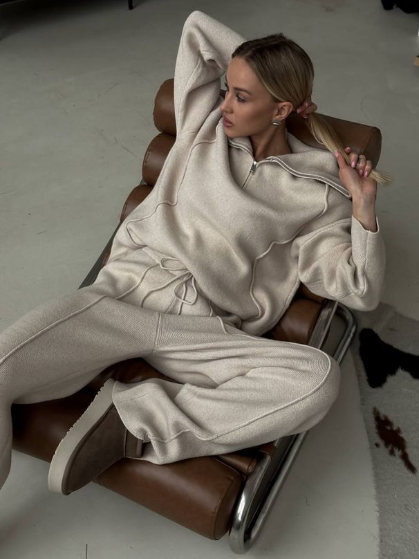 Women's Clothing Half Zip Pullover Sweater High Neck Half Zip Pullover Sweater & Pants Set - Casual Solid Color Two-Piece Outfit For Fall & Winter_ecoleips.com