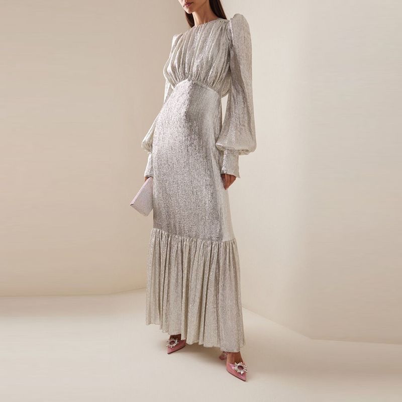 Ladies O-neck Pleated Spring Robe Dress Lantern Sleeves Design Solid Color Evening Dress Elegant High Waisted Holiday Long Dress_ecoleips.com