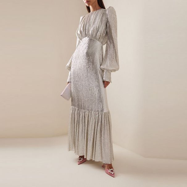 Ladies O-neck Pleated Spring Robe Dress Lantern Sleeves Design Solid Color Evening Dress Elegant High Waisted Holiday Long Dress_ecoleips.com