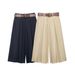 Women's Wide-Leg Pull-On Shorts With Belt - Navy Khaki Staple Shorts For Summer, Casual High-Waisted Elastic Waistband_ecoleips.com