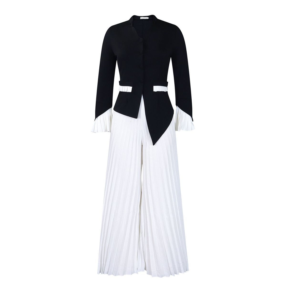 Women's Clothing Spring New Fashion Trumpet Sleeve Top Pleated Wide Leg Pants Suit Two Piece Suit_ecoleips.com