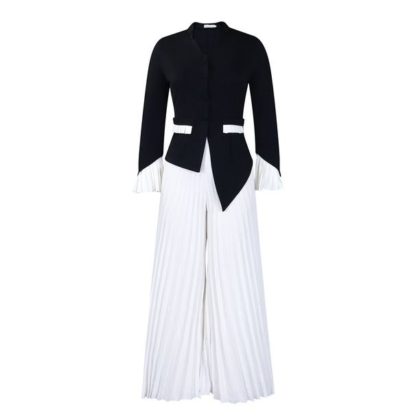 Women's Clothing Spring New Fashion Trumpet Sleeve Top Pleated Wide Leg Pants Suit Two Piece Suit_ecoleips.com
