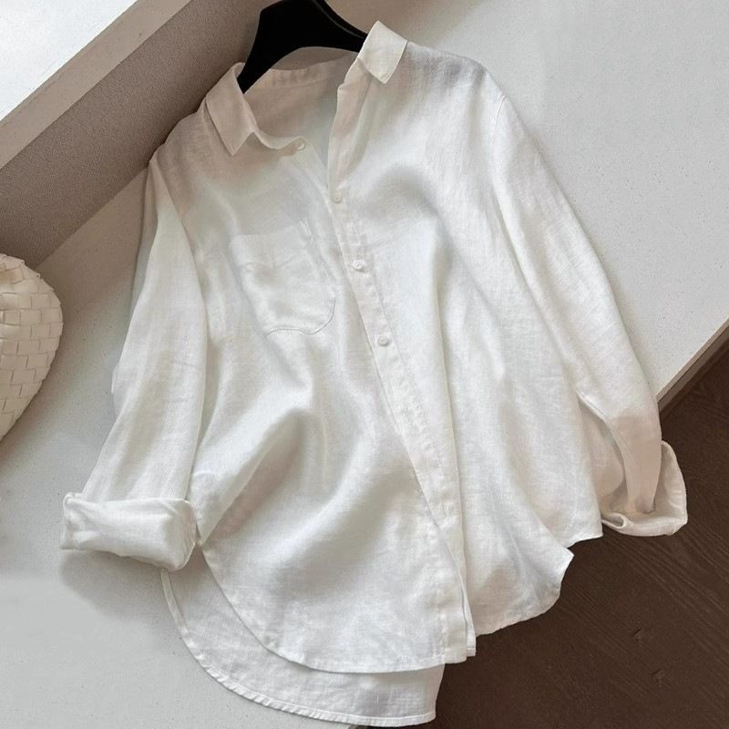 Old Money Style White Linen Long-Sleeve Sun Protection Shirt For Women, Summer Thin Outerwear Blouse, Cotton-Linen_ecoleips.com