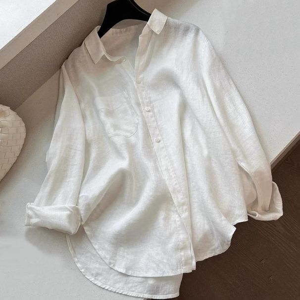 Old Money Style White Linen Long-Sleeve Sun Protection Shirt For Women, Summer Thin Outerwear Blouse, Cotton-Linen_ecoleips.com