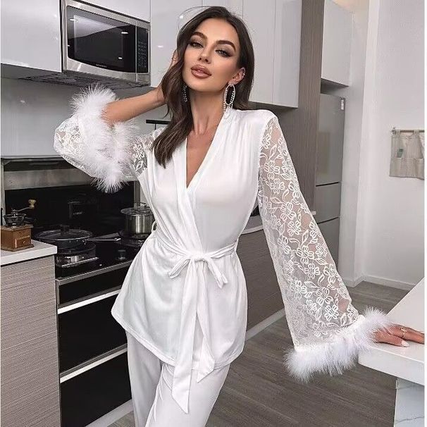 Aria Basics 2025 New European And American Style V-neck Lace Spliced Milk Silk Pajama Robe Set Sexy Cross-border Home Wear_ecoleips.com