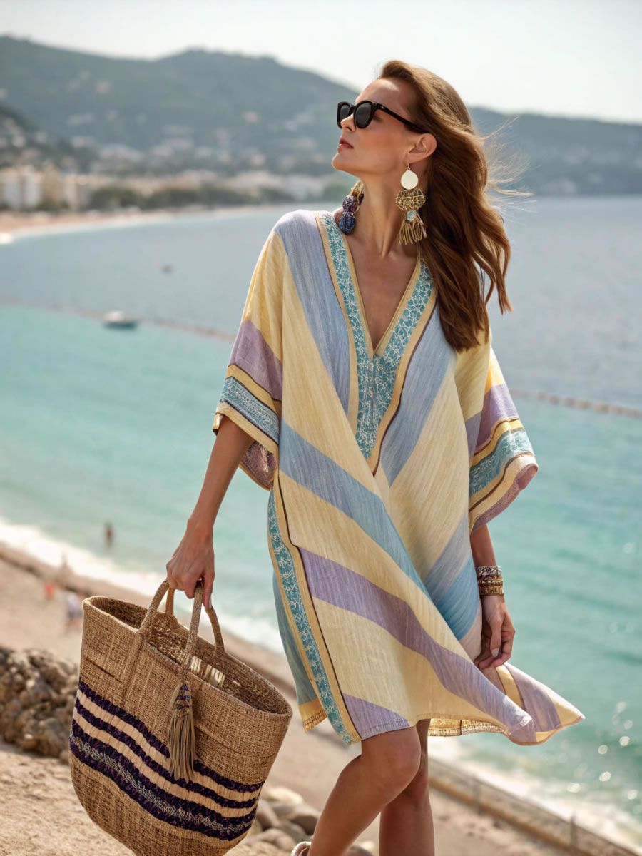 Women's Breathable Striped Maxi Dress V-Neck Beach Cover-Up Side Slits S-5XL_ecoleips.com