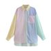 Women's Long Sleeve Color Block Blouse - Stylish Loose Fit Casual Shirt For Fall, Comfortable Polyester Blend, Available In Blue/Yellow & Pink/Blue_ecoleips.com