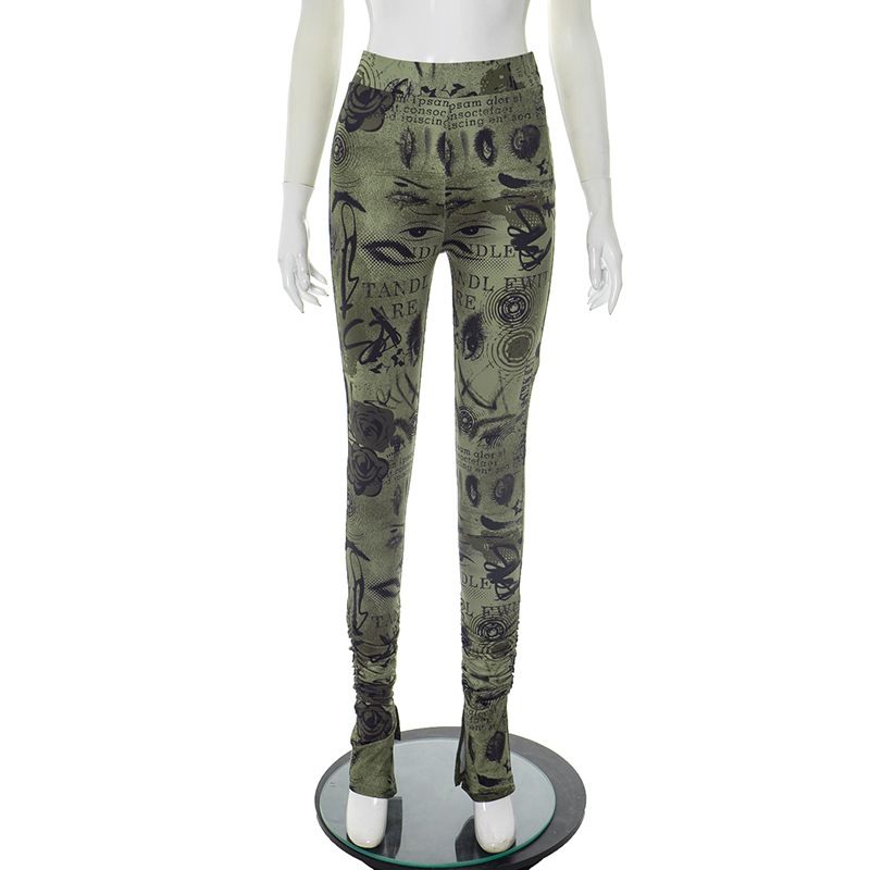 Women's High-Waisted Printed Pants – Stretchy Tapered Leg With Side Slits & Ruffle Hem (Sexy Casual Style) – Polyester-Spandex Blend_ecoleips.com
