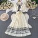 Women's Retro Style Geometric Embroidered Dress Tie Neck Three Quarter Sleeve Slim Fitting Elegant Knee Length Summer Skirt_ecoleips.com