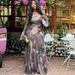 Elegant Maxi Dress for Women Asymmetric Neckline Printed Flowy Ruffle Detail Slim Fit Silhouette_ecoleips.com