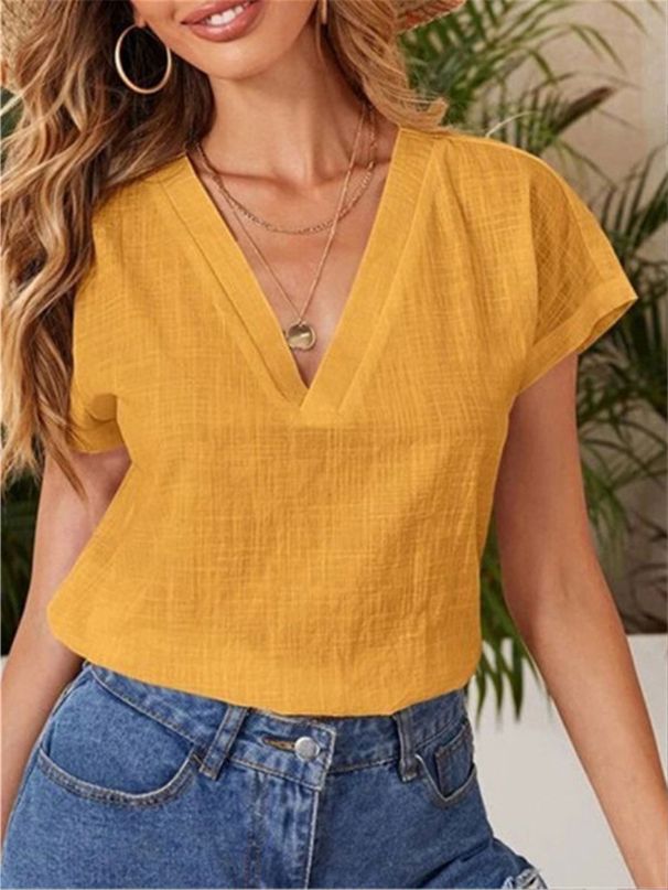 Women's Clothing New Solid Color Cotton And Linen Loose Short Sleeved V Neck Short Sleeved Shirt_ecoleips.com