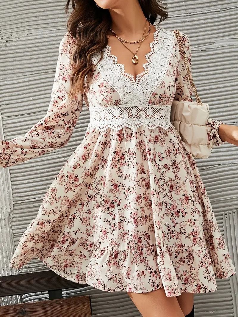 Women's V Neck Long Sleeved Dress With Waist Belt Printed Slit Design European And American Style Autumn New Arrival For Ladies_ecoleips.com