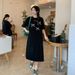 Summer Loose Bow Print Korean Women's Fashionable Simple Casual Round Neck Slit Dress_ecoleips.com
