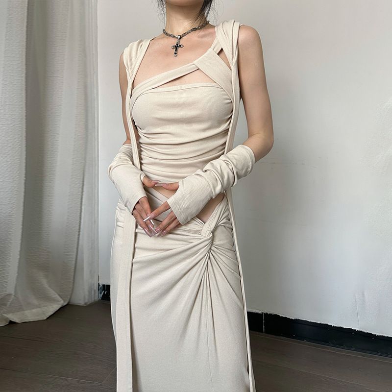 W060ST Hot Girl 2025 Summer New Sleeveless Pullover Sexy Strap Short Split Long Women's Set_ecoleips.com
