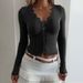 Voya Dark Gray V-neck Ribbed Long-sleeve Top With Black Lace Trim, Stylish Design, Slim-fit Base Shirt For Women,_ecoleips.com