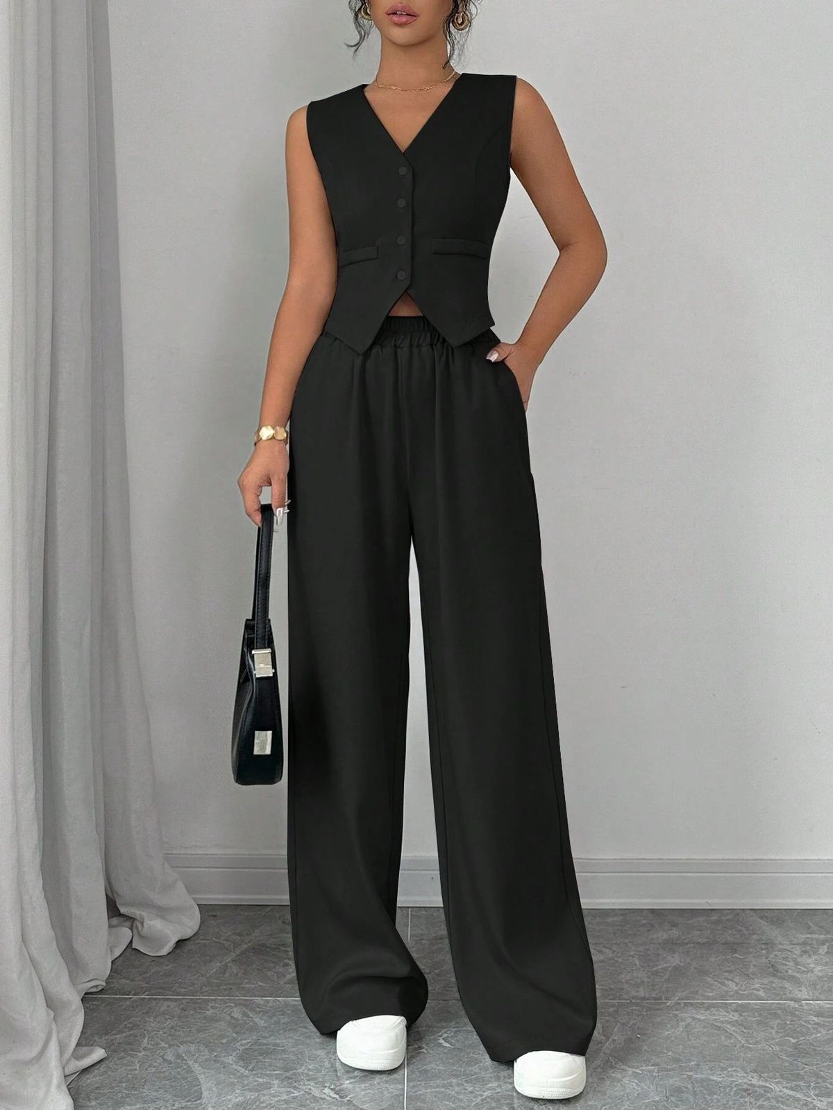 Elegant Button-Down Sleeveless Vest & Pants Set - Breathable Polyester Summer Outfit For Women, Office & Vacation Wear (Grey/Black, S-XL)_ecoleips.com