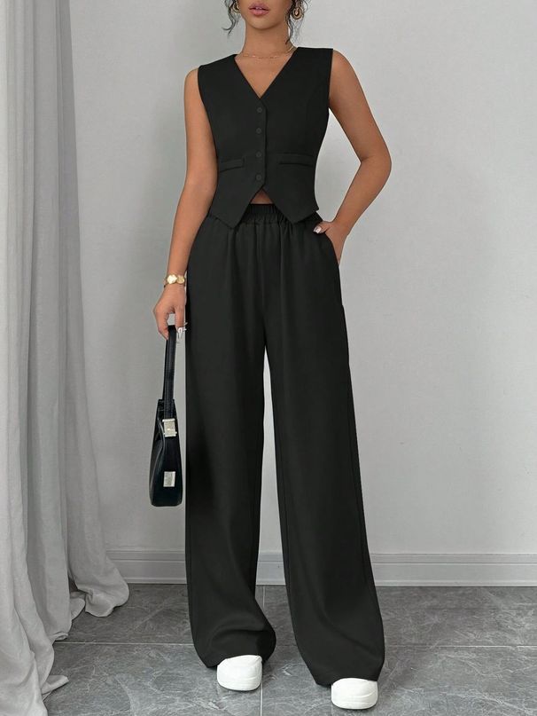 Elegant Button-Down Sleeveless Vest & Pants Set - Breathable Polyester Summer Outfit For Women, Office & Vacation Wear (Grey/Black, S-XL)_ecoleips.com