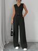 Elegant Button-Down Sleeveless Vest & Pants Set - Breathable Polyester Summer Outfit For Women, Office & Vacation Wear (Grey/Black, S-XL)_ecoleips.com