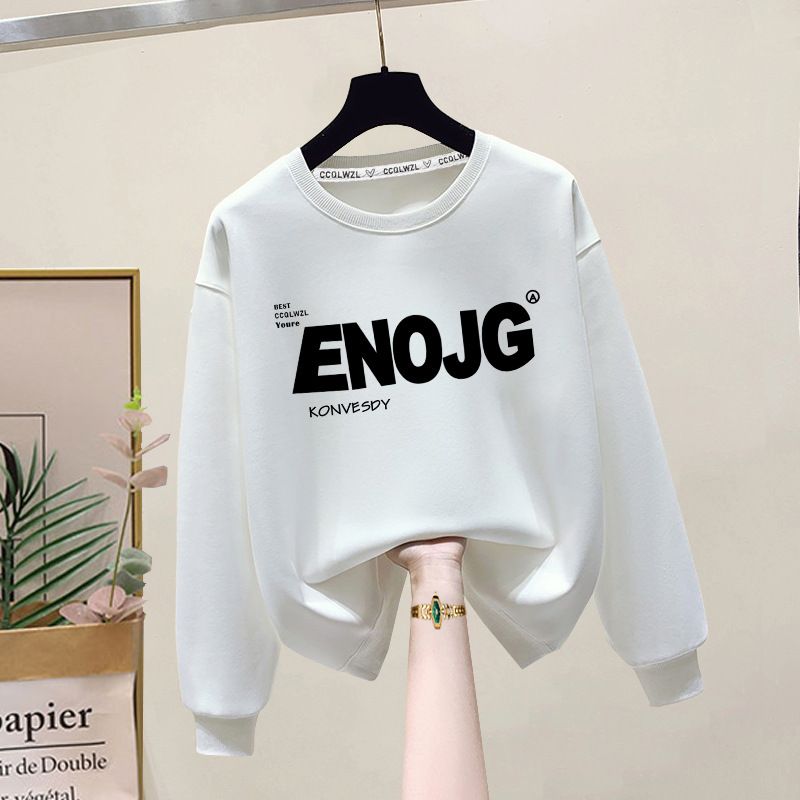 Women's Thickened Fleece Lined Pure Cotton Sweatshirt round Neck Simple Letter Print Autumn Winter Fashion Top_ecoleips.com