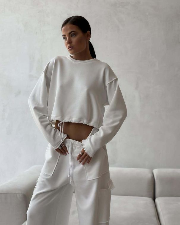 Casual Retro Tooling Suit Women's Autumn And Winter Loose Short T-shirt Trousers Drawstring Sweatpants Two-piece Set_ecoleips.com