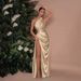 Women's Clothing Winter New Fashion Personality Slant Neck Off Shoulder Gathered Glossy Shiny Side Slit Banquet Dress_ecoleips.com