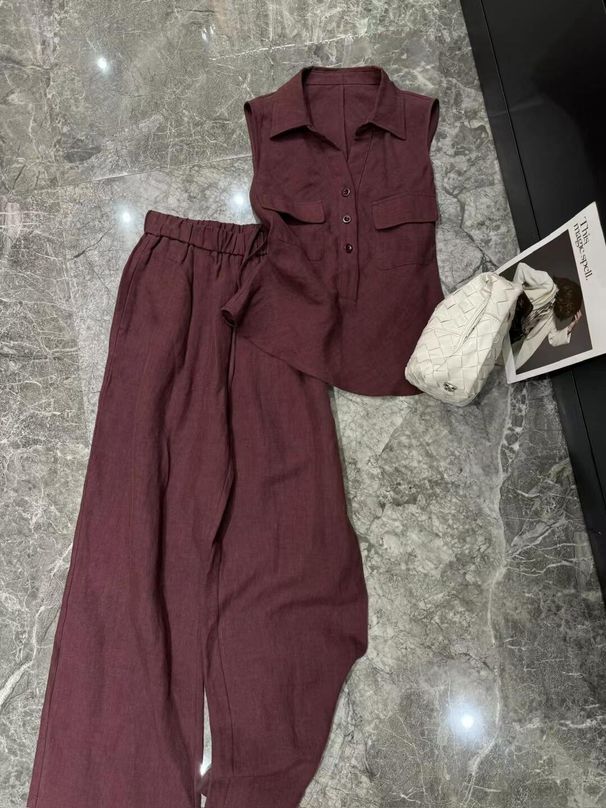 Women's Clothing Popular Red Linen Suit For Women New Summer Fashion Shirt Wide Leg Pants Two Piece Suit_ecoleips.com
