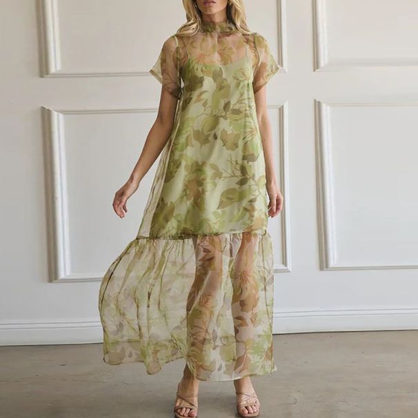 Unique Bow Tie Up Short Sleeved Beach Dress 2026 New Short Sleeved Mesh Women's Dress Printed Perspective Loose Elegant Dresses_ecoleips.com