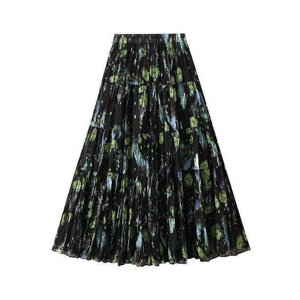 K Retro Floral Midi Skirt For Women, New High Waist Slimming A-line Long Skirt, Big Swing Skirt_ecoleips.com