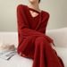 K New Knitted Dress With A Slimming Waistline, Suitable As A Base Layer, Long, Soft, And Warm, With A V-neck_ecoleips.com