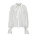 Women's Clothing White Tencel Shirt High End Loose Bowknot Trumpet Sleeve Top_ecoleips.com