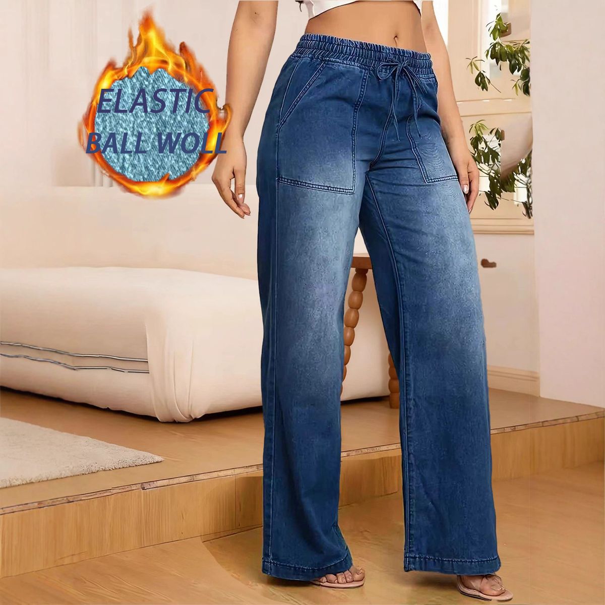 Women's Clothing Stretch Denim Pants With Drawstring Waist – Mid-Rise, Straight Leg, Fleece-Lined & Comfort Fit – Dark Blue (S-XXL)_ecoleips.com