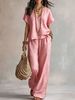 Women's Fashion Casual Two Piece Set V Neck Loose Short Sleeved Solid Color Cross Border Style European American 2026_ecoleips.com