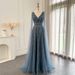 Women's Clothing Luxury Floor-Length Evening Gown With Flowing Sleeves – Slimming V-Neck, Waist-Cinching Design (Champagne/Pink/Blue/Green)_ecoleips.com